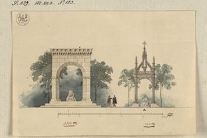 Lützen. Udkast til et monument for kong Gustav 2. Adolf af Sverige som en på fire sider åben buehal og som et tabernakel over Svenskestenen af Karl Friedrich Schinkel