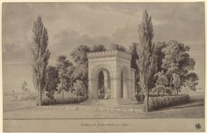 Lützen. Udkast til et monument for Sveriges kong Gustav 2. Adolf i form af en romansk hal over Svenskestenen med en tilføjet apsis. Ansicht af Karl Friedrich Schinkel
