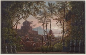 Nurmahal eller rosenfesten i Kashmir. Opera af Gaspare Spontini. Udkast til 1. dekoration. Paladshave med udsigt over Kashmir af Karl Friedrich Schinkel