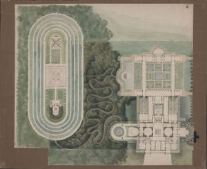 Potsdam-Sanssouci. Antikt landhus ved Charlottenhof Slot. Situationsplan og grundplan af Karl Friedrich Schinkel