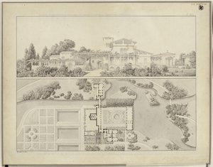 Potsdam-Sanssouci. Romerske bade ved Charlottenhof Slot. Set fra vest og grundplan af gartnerhuset af Karl Friedrich Schinkel