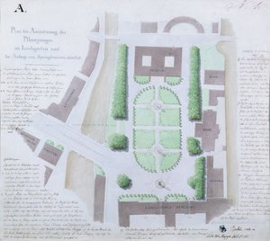 Redesign af Lustgarten, 1828 (wc og pen og blæk på papir) af Karl Friedrich Schinkel