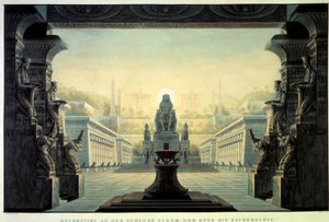 Teaterindretning: Indretning til operaen “La flute enchante (Die Zauberflote) af Wolfgang Amadeus Mozart, på en libretto af Emanuel Schikaneder. Tegning af Karl Schinkel (1781-1841) af Karl Friedrich Schinkel