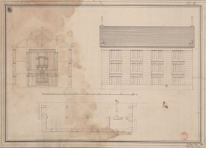 Tillendorf (Bolesławice, regeringsdistriktet Liegnitz). Udkast til den evangeliske kirke. Grundplan, opstalt af sidefacaden og tværsnit af Karl Friedrich Schinkel
