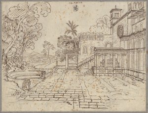 Forgård foran en kirke med et monument af Karl Friedrich Schinkel