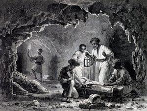 Arkæologiske opdagelser i hulerne i Samoun, gravering baseret på tegning af Karl Girardet (1813-1871)