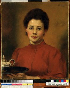 ""Ung kvinde i rødt"" Portræt af en kvinde, der bærer en bakke med en sølv tekande. (En kvinde i rødt) Maleri af Karl (Carl) Gusov (1843-1907) 1904 Mikalojus Konstantinas Ciurlionis Fine Arts Museum, Kaunas, Litauen
