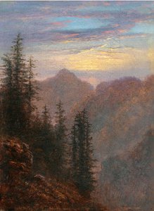 ""Bjerglandskab i skumringen" Maleri af Carl Gustav Carus (1789-1869) 1800-tallet Olie på lærred Dim 20,6x15,1 cm Privat samling