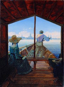 ""Tidlig morgen på Elben"" sejltur på Elben ved Dresden (Pramtur på Elben ved Dresden (Morgen på Elben) Maleri af Carl Gustav Carus (1789-1869) Olie på lærred 1827 Dim 29x22 cm Museum Kunstpalast, Düsseldorf
