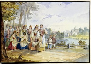 Russiske bondepiger med festkjole. Værk af Karl Ivanovich Kolmann (1786-1846), akvarel på pap