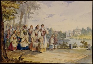 Russiske bondepiger med festkjole, 1845
