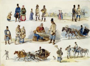 Russiske folketyper. (Folketyper af Rusland). Værk af Karl Ivanovich Kolmann (1786-1846), akvarel på pap