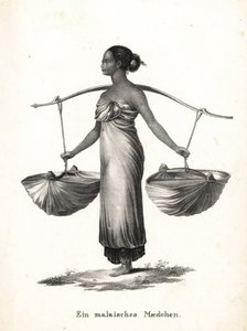 Malayisk pige med hår bundet med sneakers fra et åg. Litografi af Karl Joseph Brodtmann fra Heinrich Rudolf Schinz