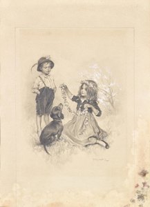 To børn leger på en eng med blomster og en gravhund. af Karl Ludwig Prinz