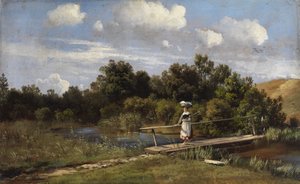 Sommerlandskab med en vaskeri på en bro