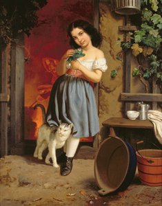 En ung pige med en kat, 1866 olie på lærred af Karl Nahl