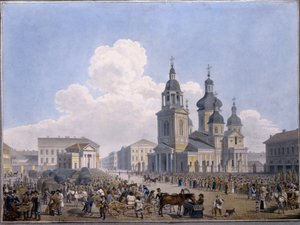 Hay-market Place og Assumption Church i Sankt Petersborg - Værk af Karl Petrovich Beggrov (1799-1875), akvarel på papir (10,3x15,1 cm),1820-1830 - State Russi