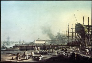 Admiralitetsværftet i Sankt Petersborg (Saint-Petersburg). (Admiralitetsflådeværftet i Sankt Petersborg). Maleri af Karl Petrovich Beggrov (1799-1875). Olie på lærred, russisk kunst fra det 19. århundrede. Det russiske statsmuseum, Sankt Petersborg.