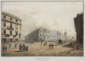 Udsigt over Sadovaya-gaden i Sankt Petersborg - Karl Petrovich Beggrov (1799-1875). Litografi, akvarel