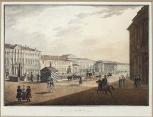 Udsigt over Moika-dæmningen nær politibroen - Karl Petrovich Beggrov (1799-1875). Litografi, akvarel