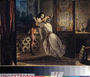 Romeo og Julie (Romeo og Julie). En mand klatrer op på en balkon for at finde en kvinde på et hemmeligt møde. Maleri af Karl Pavlovich Briullov (Bryullov) (1799-1852). Akvarel på pap, ca. 1830, 23,2 x 31,5 cm, russisk kunst af Karl Pavlovich Bryullov