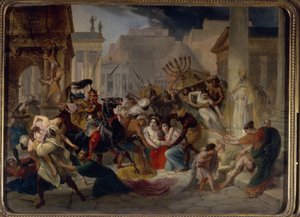 Plyndringen af ​​Rom i 455: Genseric (eller Geiseric) (omkring 399-477) og vandalerne invaderer Rom (Geiseric den Lamme invaderer Rom). De plyndrer byen og fjerner Menorah. (Menorah) Maleri af Karl Pavlovich Briullov (Bryullov) (1799-1852)