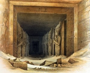 Kæmpe kalkstensstatuer af Ramses II (Ramses - 1304-1237 f.Kr.). Litografi efter Karl Richard Lepsius (1810-1884), preussisk egyptolog. De holder hver især en kæp og en slagle, symboler på kongedømme. af Karl Richard Lepsius
