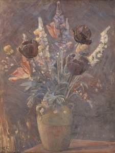 Lervase med tulipaner og andre blomster af Karl Schou