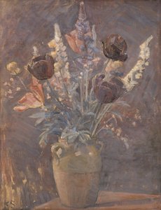 Lervase med tulipaner og andre blomster