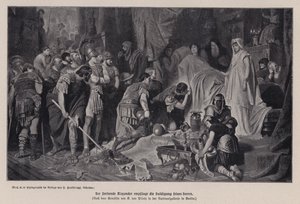 Den døende Alexander den Store modtager hyldest af sin hær, Babylon, 323 f.Kr. (litho)