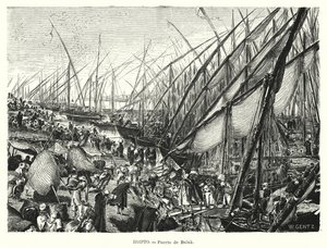 Kajer ved Nilen ved Bulaq, Kairo, Egypten (litho)