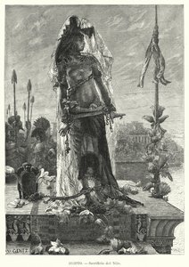 Ofring af en jomfru til Nilen i det gamle Egypten (litho)