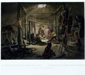 Det indre af en mandanhøvdings hytte, indgraveret af Narcisse Edmond Desmadryl (f.1801) ca. 1835 (gravering med akvatinte) af Karl after Bodmer