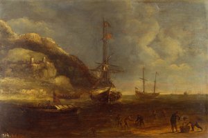 Kystudsigt med skibsfart og fiskere i forgrunden (olie på panel) af Kasper van Eyck