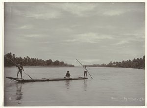 Krydser en flod med en lang bjælke Færgeoverfart ved Kreteg (...) (titel på objekt)