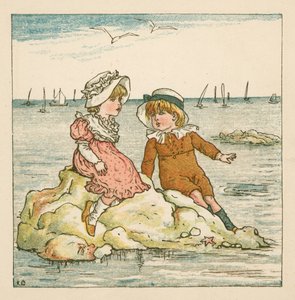 Dreng og pige strandet på en sten (farve litho) af Kate (after) Greenaway