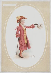 Dreng i rødt jakkesæt, viftende lommetørklæde (farve litho) af Kate (after) Greenaway