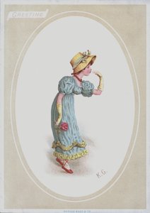 Pige i blå kjole, med stråhjelm, holder rose (farve litho) af Kate (after) Greenaway