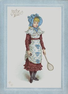 Pige i kjole og motorhjelm, holder fjerbold og ketsjer (farve litho) af Kate (after) Greenaway