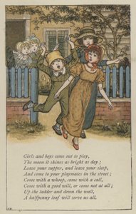 Piger og drenge kommer ud for at lege (farve litho) af Kate (after) Greenaway