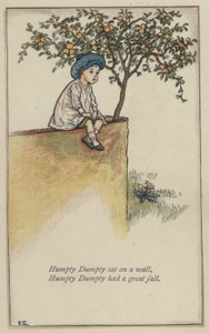 Humpty Dumpty sad på en væg (farve litho) af Kate (after) Greenaway