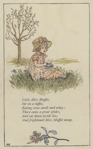 Little Miss Muffet (farve litho) af Kate (after) Greenaway