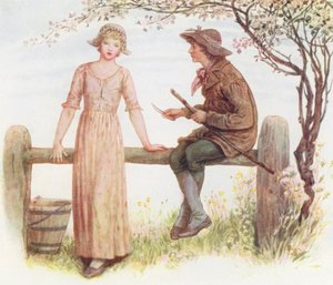 Two at a Stile (farvelitografi) af Kate (after) Greenaway
