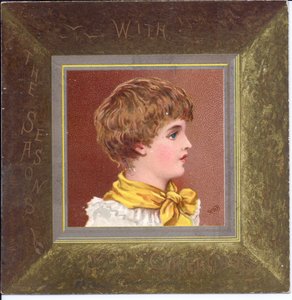 Et victoriansk nytårskort af en pige i regentskabstøj iført en blå kasket, ca. 1880 af Kate Greenaway