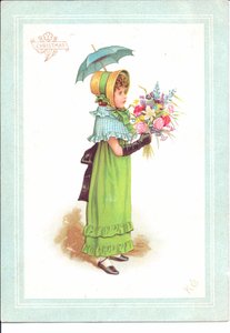 Et victoriansk lykønskningskort med børn i fancy kostume, der danser, ca. 1880