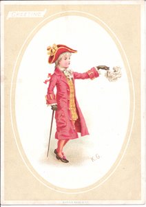 Et victoriansk lykønskningskort med børn, der sidder ved et middagsbord, mens en klædt ud som kok sliber udskæringskniven, ca. 1880 af Kate Greenaway