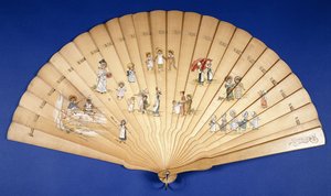 A large wooden Brise fan painted in colors with groups of children at various pursuits, dani af Kate Greenaway