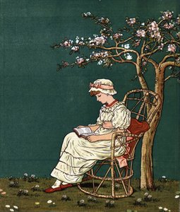En lille pige læser under en syren. Illustration af Kate Greenaway (1846-1901) fra bogen med eventyr og børnerim for børn "" Under The Window" (1879), redigeret af Edmund Evans.
