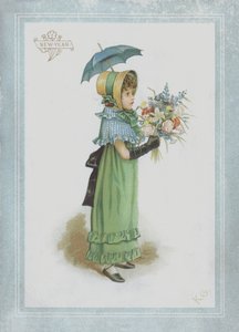 Pige i grøn kjole, holder parasol og en buket blomster af Kate Greenaway