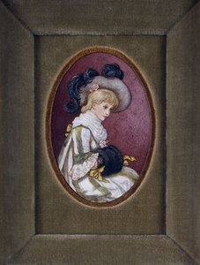 Ovalt portræt af en blond pige iført en plymerhat med hænderne inde i sin muffe af Kate Greenaway